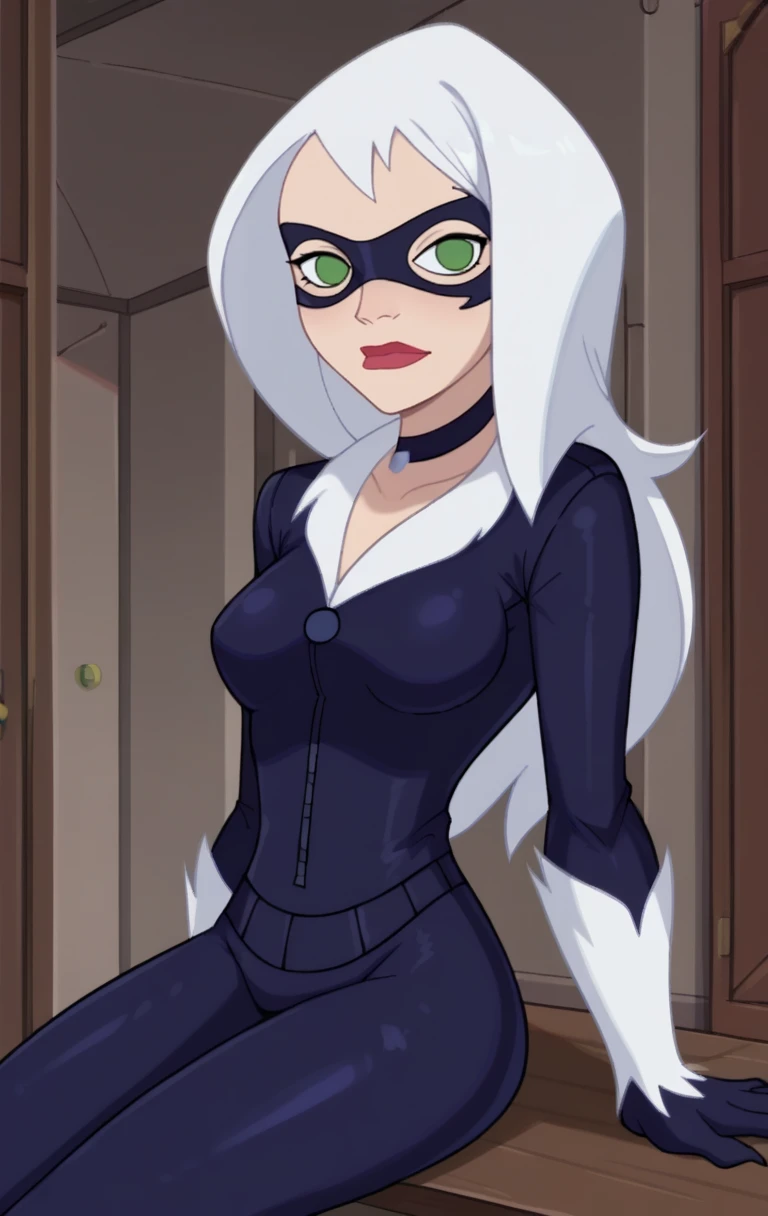 score_9,score_8_up,score_7_up BREAK <lora:BlackCat:1>,1girl,solo,long hair,gloves,green eyes,no pupils,white hair,choker,bodysuit,mask,lipstick,domino mask,cowboy shot,room,room background,sitting,