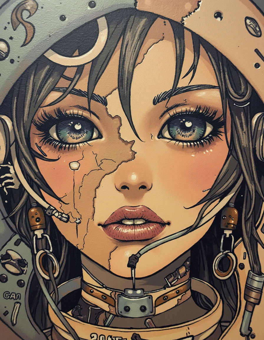 kter, cyborg girls face melting, painted wood grain pattern, mechanical parts with numbers and letters, different types of eyes, reflection, face has interjoining pieces