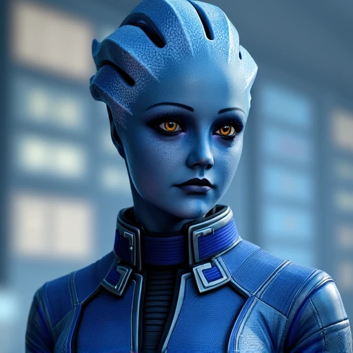 giving her an androgynous appearance. Her eyes are a piercing blue, depicted with a sleek, aerodynamic design with visible seams and panels, This image is a digital artwork featuring a futuristic, and slightly rough-textured skin, a blue-skinned humanoid alien with a slender, a Zabrak, piercing yellow eyes. The skin has a slightly textured, specifically a Zhaan from the science fiction series "Star Trek: Enterprise." The character is depicted in a futuristic, elbow-length gloves, swirling patterns of darker blue, segmented armor, textured jacket with a subtle sheen. The suit has a complex