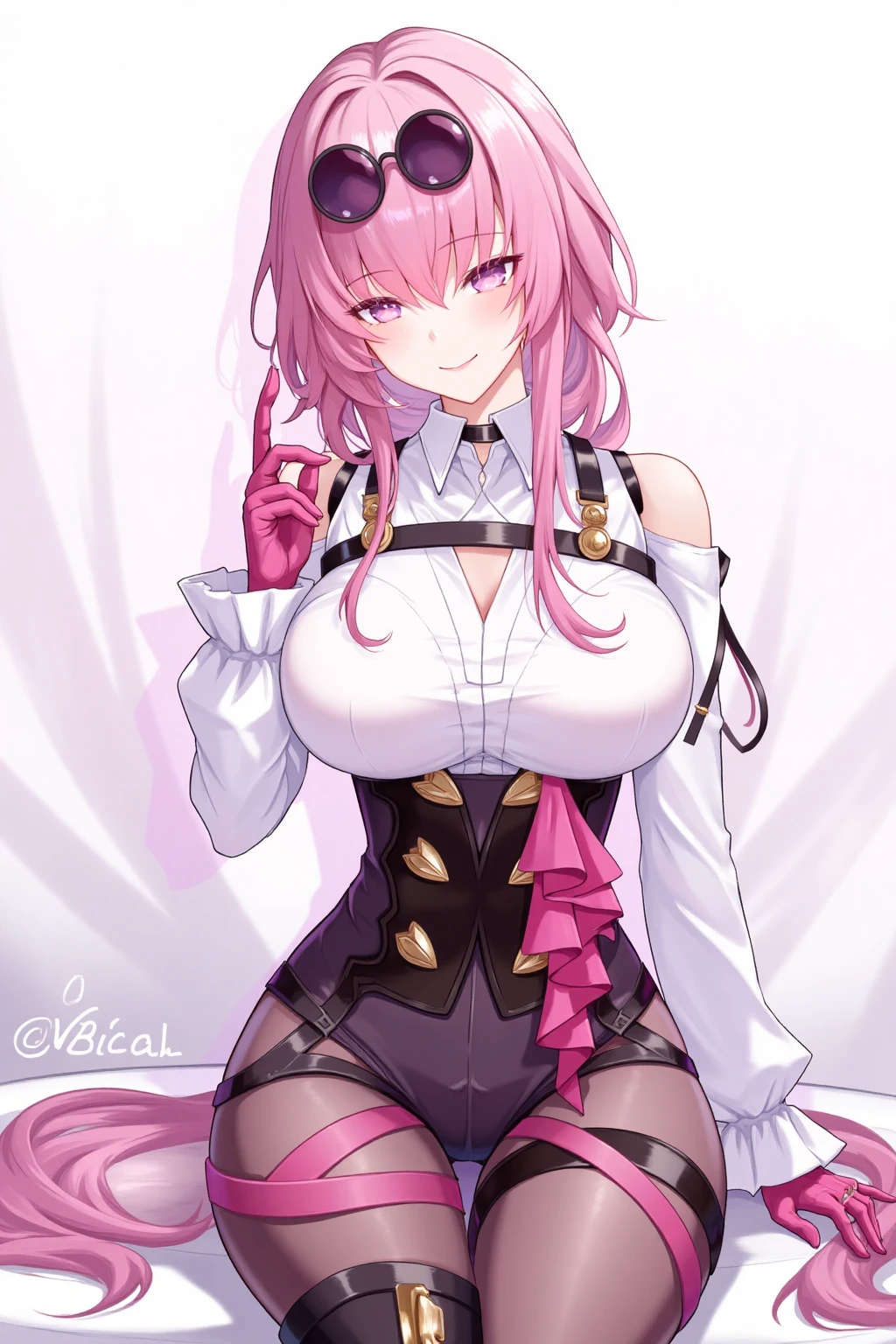 1girl, solo, long hair, breasts, looking at viewer, smile, bangs, shirt, gloves, long sleeves, cleavage, sitting, purple eyes, full body, white shirt, pink hair, pantyhose, boots, choker, black footwear, sunglasses, eyewear on head, pink gloves