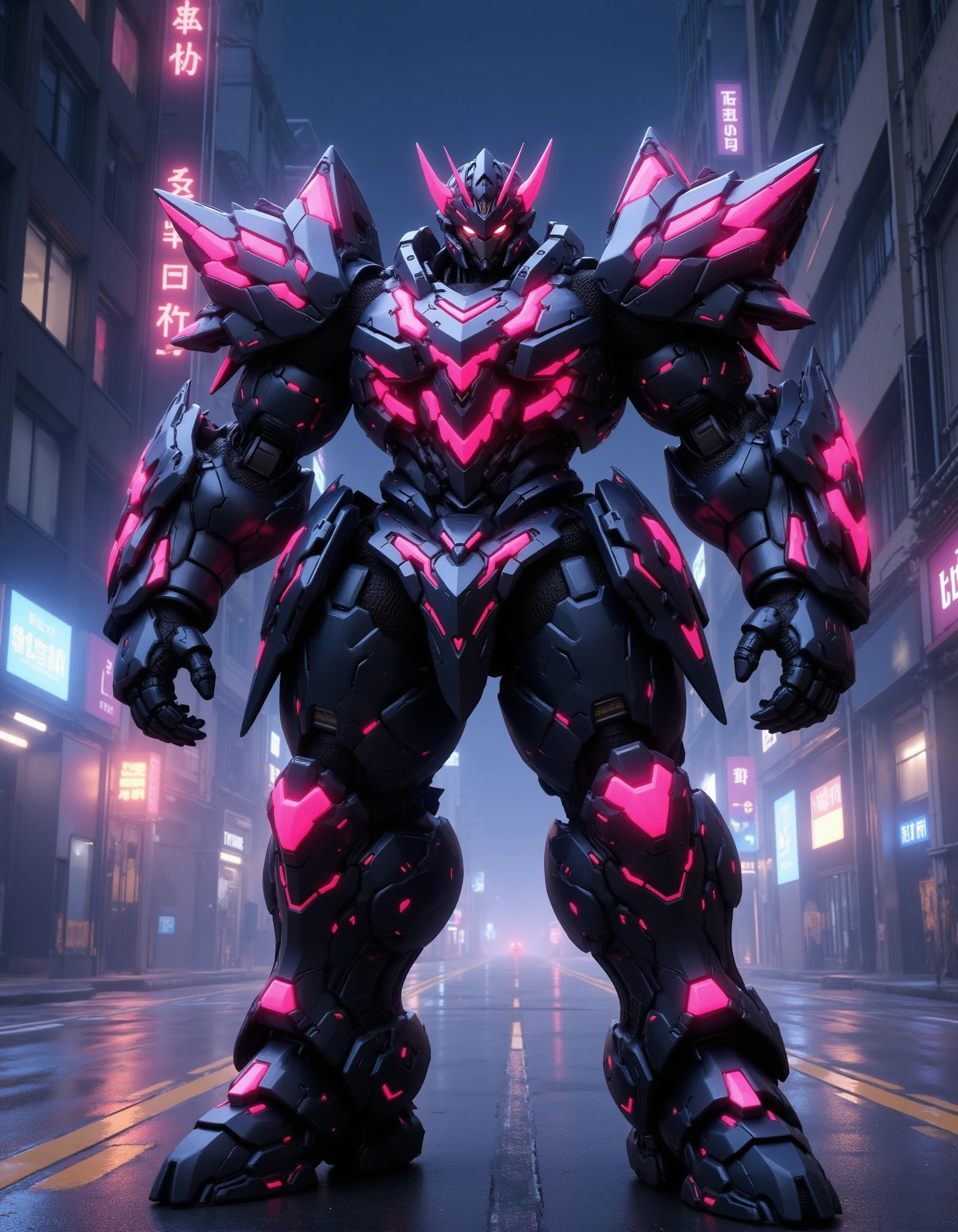 fluxmecha,A neon mech stands on the streets of a future city. It has heavy armor and thick limbs, glowing armor, armor with fangs and claws, neon lights, glowing, cyberpunk