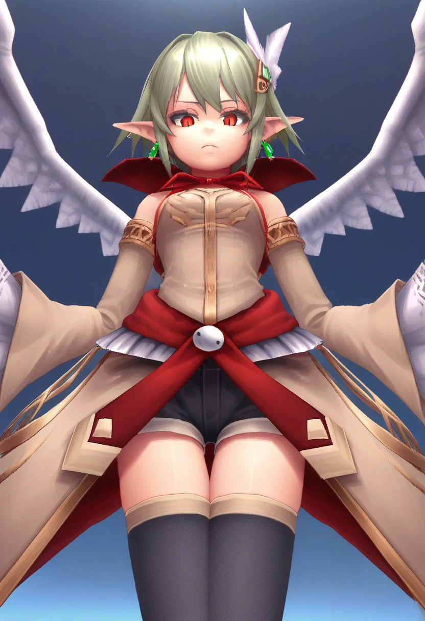 score_9, score_8_up, score_7_up, rating_explicit, 
simple background, white background,
BREAK
seele zauga, 1girl, solo, slit pupils, wings, earrings, hair ornament, short hair, red capelet, detached sleeves, brown coat, shorts, neck ribbon, thighhighs, 
looking down, :o, grabbing own breasts,