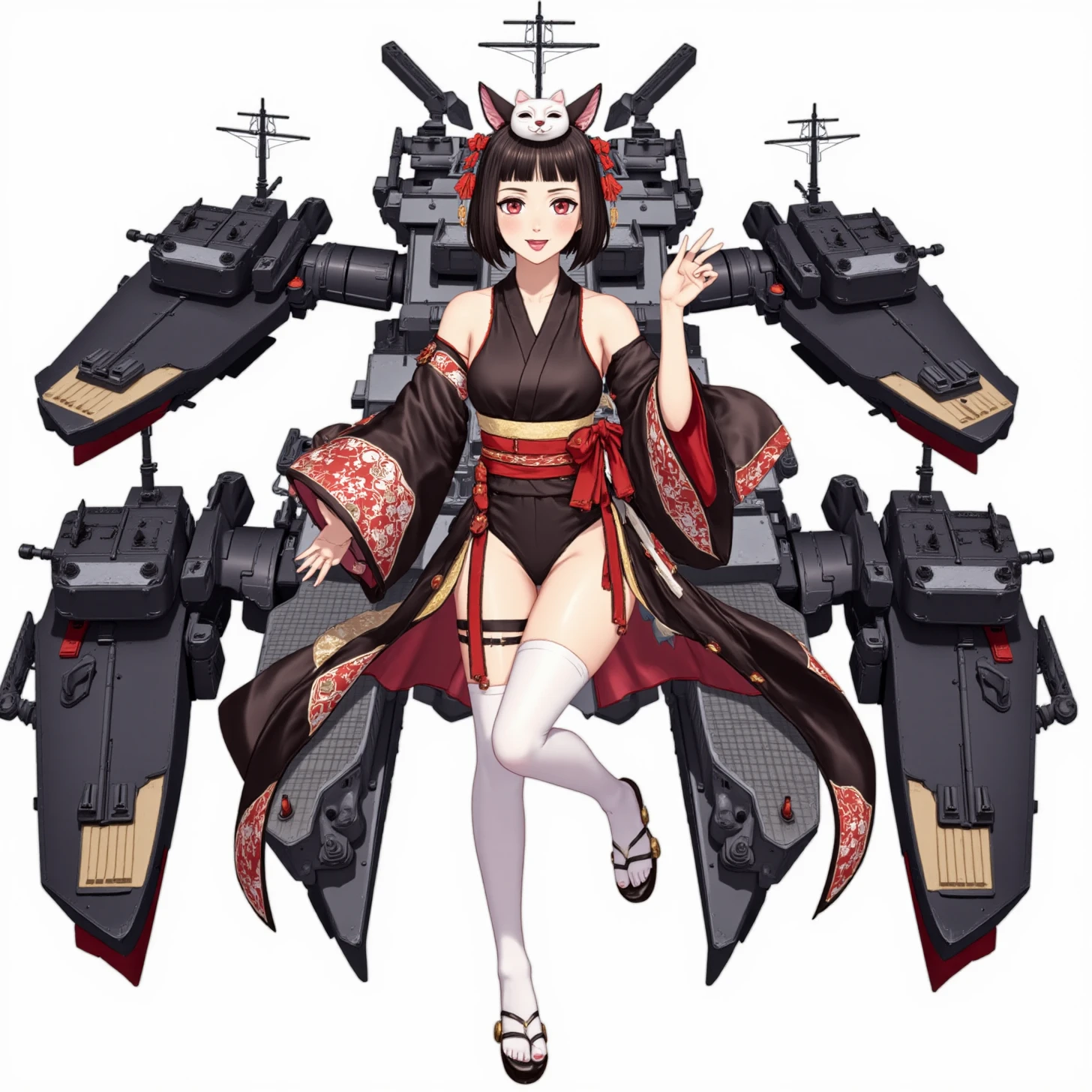 Azure Lane, Yamashiro, 1girl, yamashiro (azur lane), black hair, animal ears, japanese clothes, sideboob, exposed side boob, short hair, mask on head, paw pose, red eyes, black kimono, white thighhighs, cat ears, white background, open mouth, looking at viewer, wide sleeves, fang, simple background, full body, short kimono, red ribbons with bells, surrounded by symmetrical black battleship turrets, white japanese cat mask, black turret, battleship mast, black footwear, blunt bangs, floral print, large breasts, :d, long sleeves, fox mask, smile