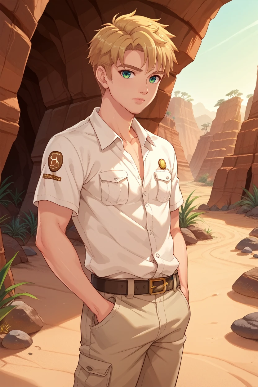 score_9, score_8_up, score_7_up,
<lora:CBYoshino:0.8>
CBYoshino, 1boy, blonde hair, short hair, green eyes, looking at viewer, Desert canyon with dramatic lighting, rugged and grand, Hands in pockets