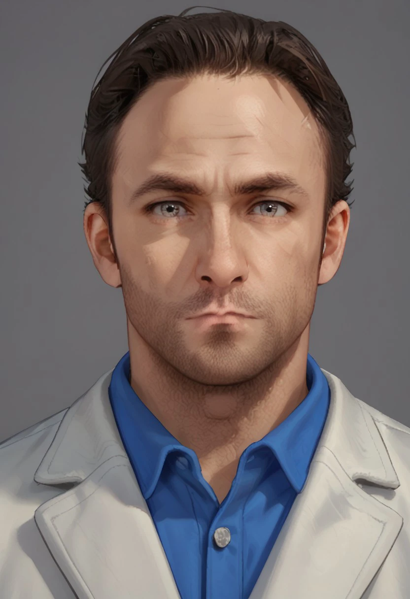 NickL4D, Grey eyes, dark Brown hair, Stubble facial hair, short hair, male, white jacket, blue shirt, portrait