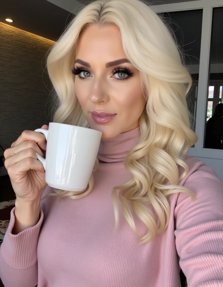 a beautiful woman wearing a sweater drinking coffee,  <lora:kristen-hughey-flux_v0.1:1>, she has platinum blonde hair, <lora:Hand v2:1>  perfect hand