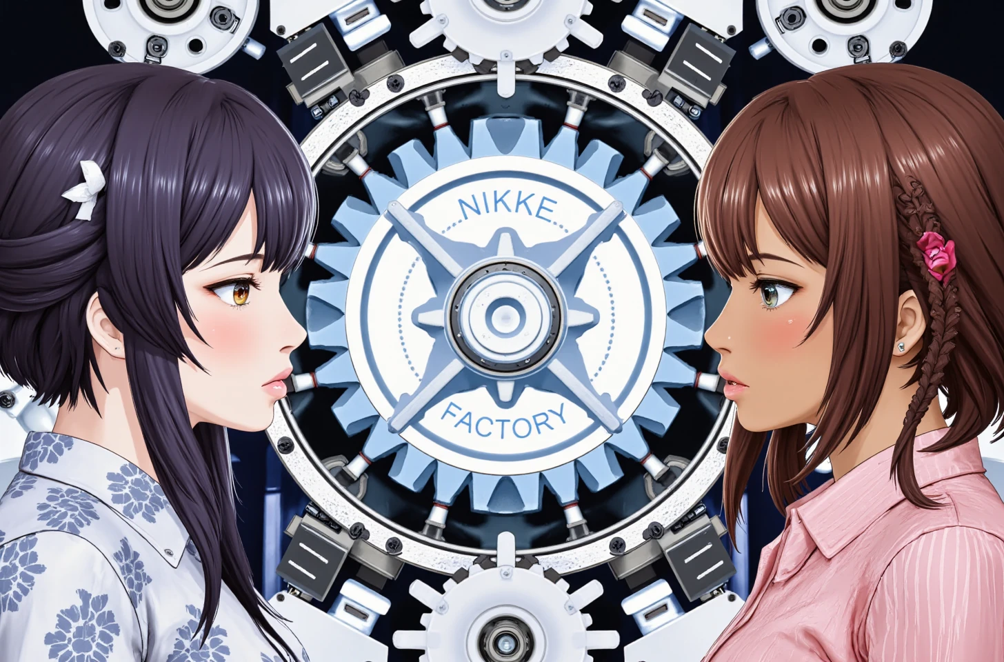 centered Symmetrical factory gears and android factory machine logo that says "NIKKE FACTORY".,

NIKKE, 2girl, two girls, unique girls, white skin, dark skin, alternate clothing