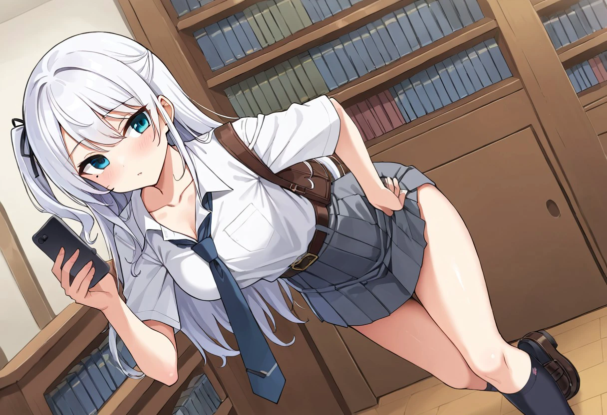 Best quality, perfect body, ultra HD, source anime, cleavege, round medium breast, collarbone,white long hair only,bent over, wavy tip hair,bag, 1girl, belt,tucked in white shirt,gray pleated skirt,school shoe, Thigh high sock, underwear, necktie, ribbon hair tie,mole near eye, library background ,one side up , android phone,nsfw,white hair