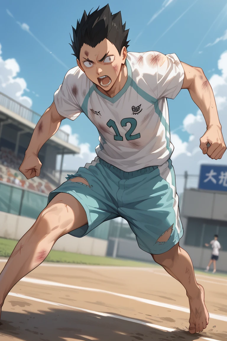 score_9, score_8_up, score_7_up, source_anime, rating_questionable, day, natural lighting, male focus, full body, running, looking away, shouting, KindaichiHU, black_KindaichiHU_spiked hair, black_KindaichiHU_eyes, constricted pupils, open mouth, torn clothes, shirt, shorts, barefoot, bruise, injury, 1boy, blurry outdoors, from below, dutch angle, intricately detailed illustration, atmospheric perspective, depth of field