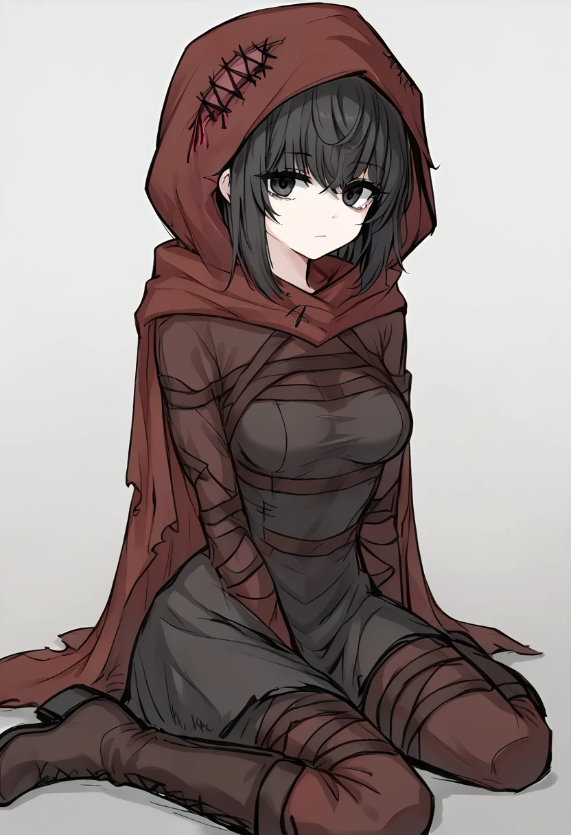 score_9, score_8_up, score_7_up, source_anime, <lora:Miranda BS2 xl pony:1>, MirandaBS2, 1girl, medium breasts, black hair, short hair, black eyes, boots, expressionless, cloak, hood, hood up, red hood, black dress, gray background, gradient background,  looking at viewer, solo, sitting, hips, (multiple belts:1.3), (brown:1.2)