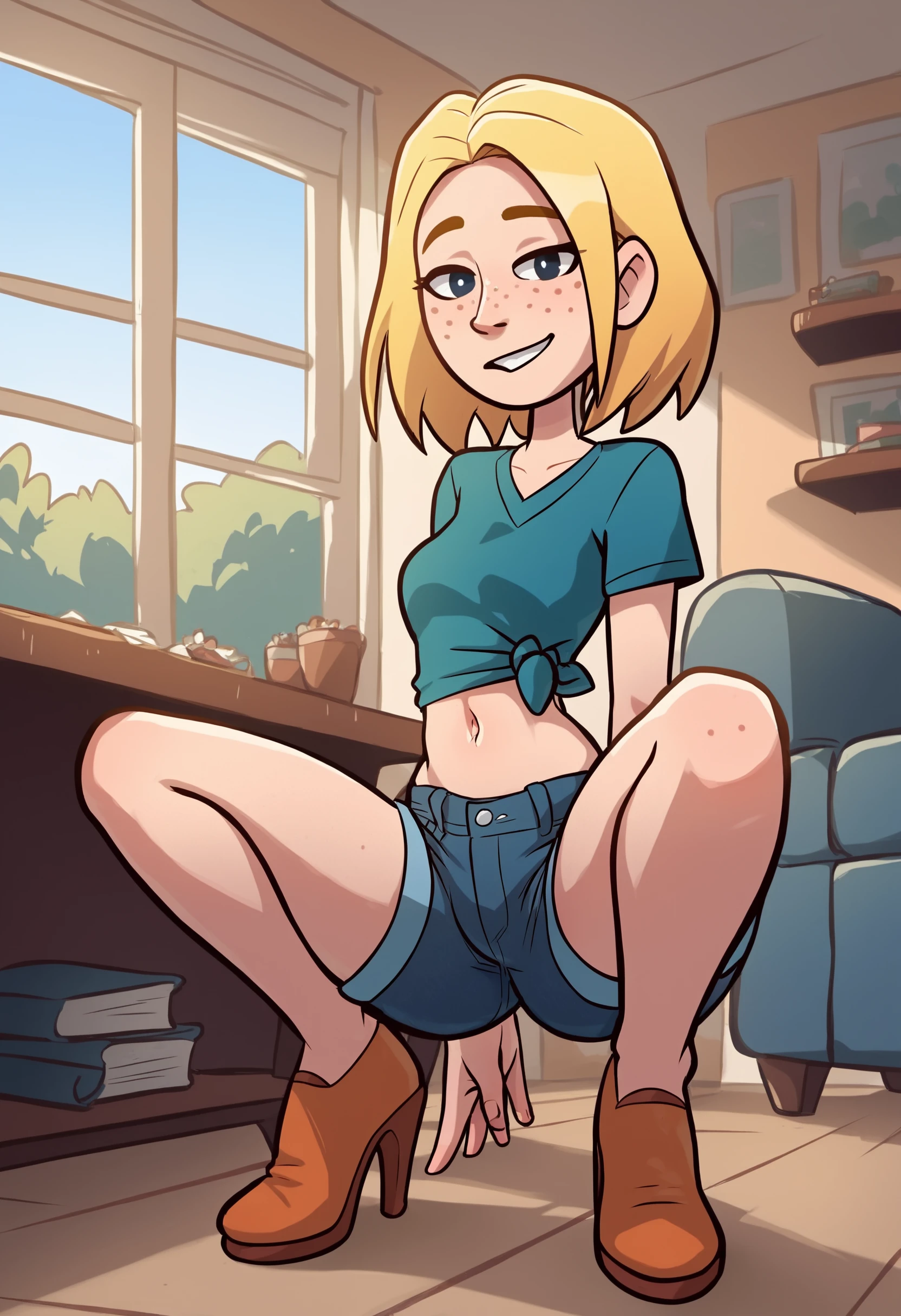 score_9, score_8_up, score_7_up, score_6_up, score_5_up,  1girl, solo, full body,
<lora:Nora (Storybooth):0.9> Nora_Storybooth, blonde hair, medium hair, freckles, smile, (denim shorts, cutoff shorts), squatting, high heels, navel, midriff, looking at viewer,
indoors, detailed background,
<lora:Expressive_H:0.7> Expressiveh,
<lora:add-detail-xl:0.9>
<lora:light:1> neolight