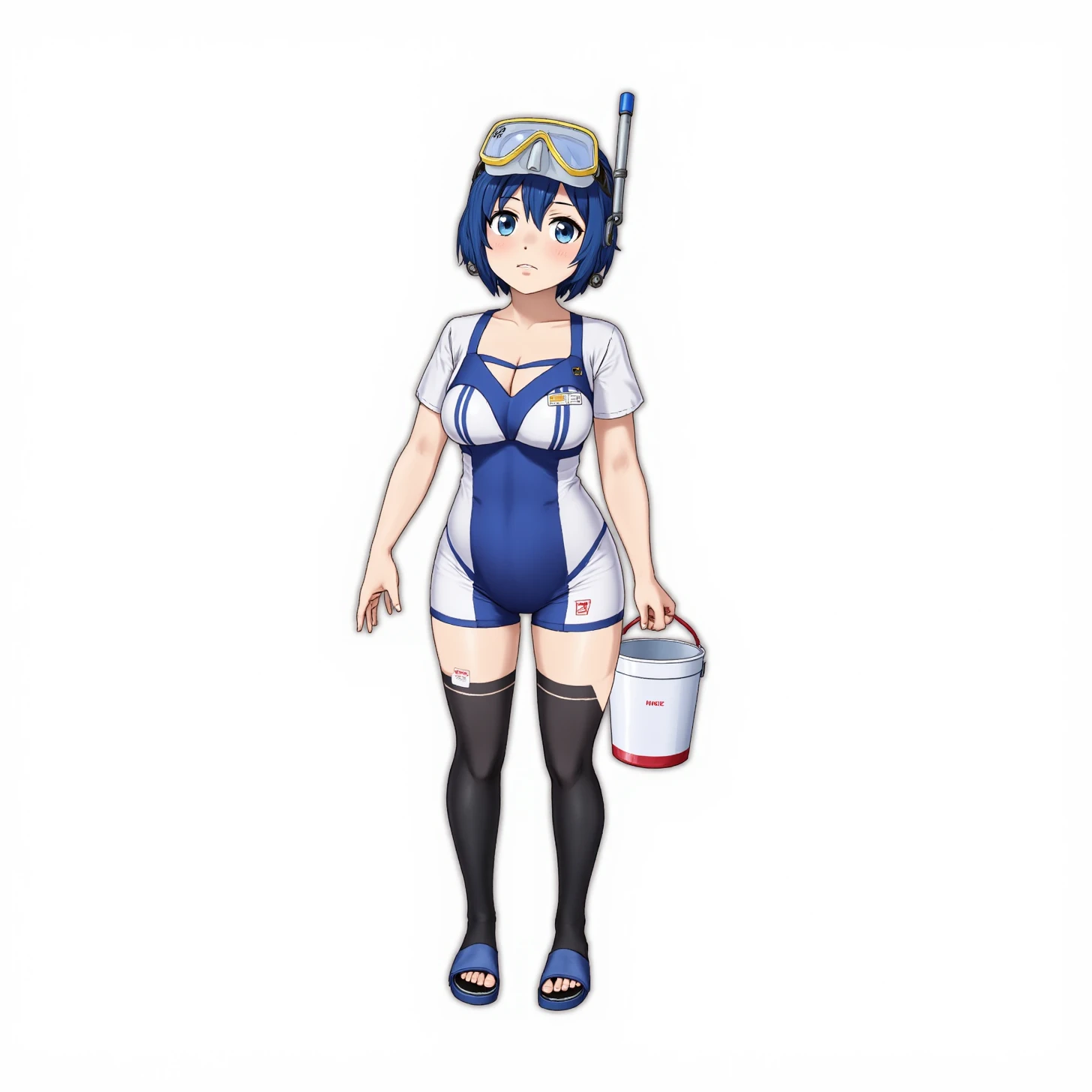 NIKKE, Anchor (Anchor the Diver) FB 2, 1girl, blue eyes, white background, slippers, goggles on head, looking at viewer, black thighhighs, full body, name tag, simple background, small breasts, blue hair, holding, school swimsuit, short sleeves, blue one-piece swimsuit, standing, cleavage cutout, diving mask on head, bucket, clothing cutout, closed mouth