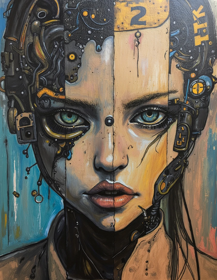 kter, cyborg girls face melting, painted wood grain pattern, mechanical parts with numbers and letters, different types of eyes, reflection, face has interjoining pieces