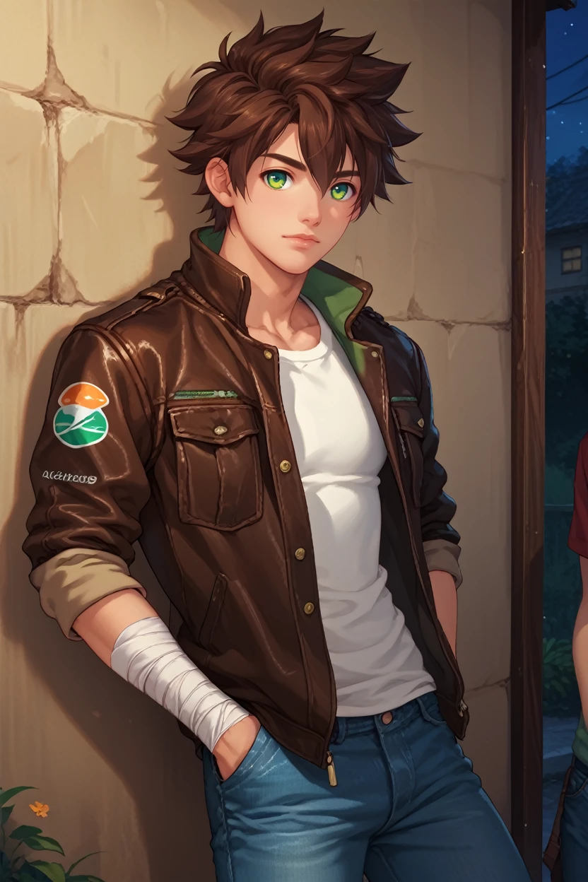 score_9, score_8_up, score_7_up,
<lora:CBKeitaro:0.8>
CBKeitaro, 1boy, brown hair, short hair, green eyes, bandage, looking at viewer, leaning against wall, outside, leather jacket, jeans, hands in pocket, at night