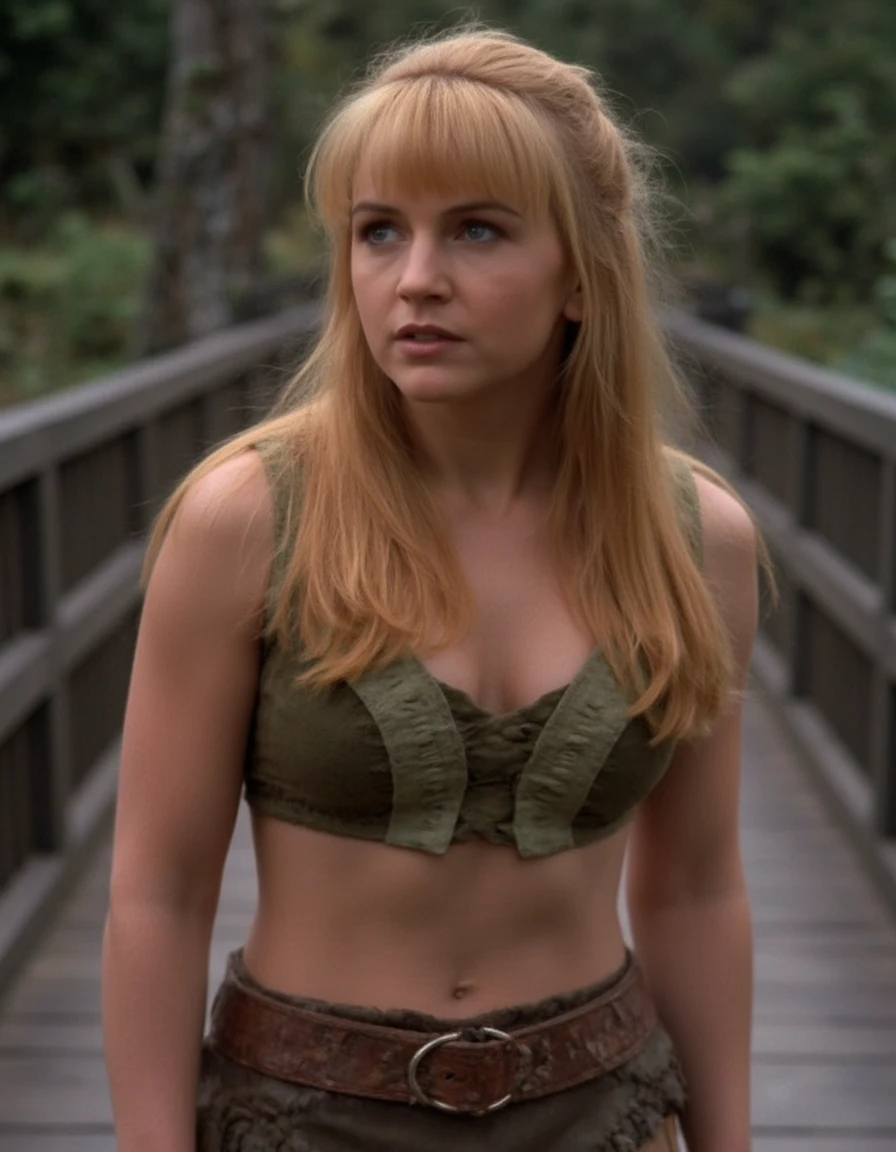 gabrielle, xena-style, gabrielle-eyes, long blonde hair with bangs, wearing her usual attire, she is standing at the edge of a bridge, she is looking around with a bored expression like she's waiting for someone   <lora:flux_gabrelle-640-newest:1>