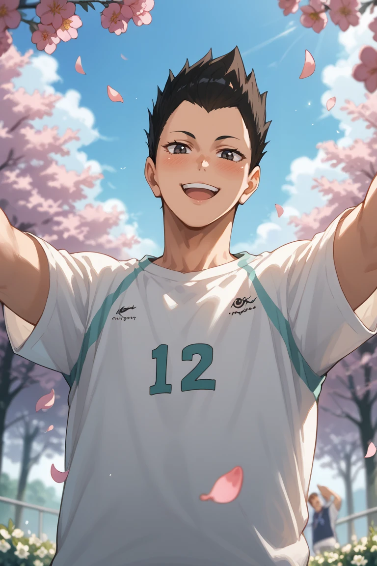 score_9, score_8_up, score_7_up, source_anime, rating_safe, day, natural lighting, spring theme, flowers, petals, male focus, selfie, outstretched arms, smiling, blushing, looking down at viewer, expressive face, KindaichiHU, black_KindaichiHU_spiked hair, black_KindaichiHU_eyes, open mouth, oversized arms, manly, 1boy, blurry outdoors, from below, dutch angle, intricately detailed illustration, atmospheric perspective, depth of field