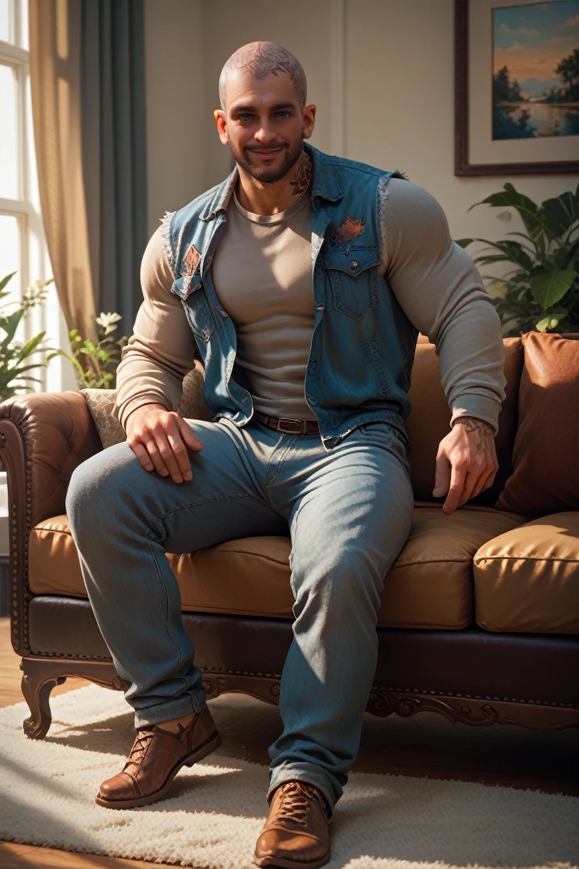 score_9, score_8_up, score_7_up, score_6_up
<lora:DGBoozer:0.8>
DGBoozer, 1boy, bald, blue eyes, beard, tattoo, looking at viewer, solo, smiling, full body, lounge clothing, sitting on sofa, living room