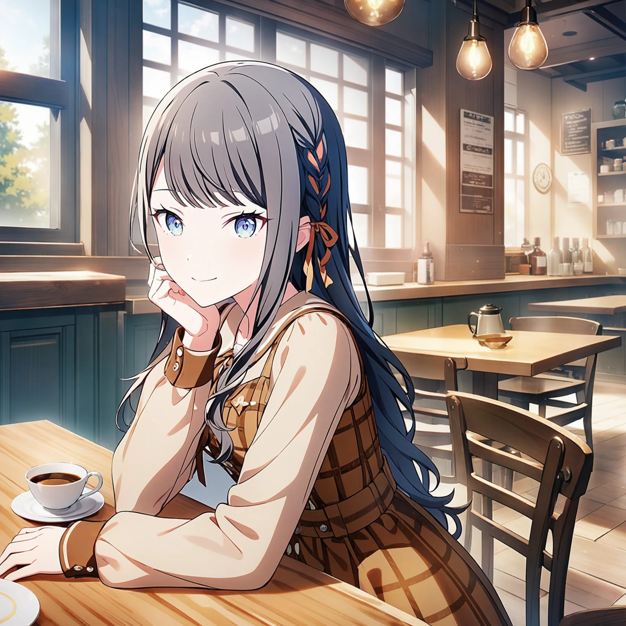 1girl, project sekai, masterpiece, very aesthetic, absurdres, official art,
sound style, (long hair, straight hair:1.4), (black hair:1.2), blue  eyes, (blunt bangs:1.2), side braid, braid ribbon, collarbone, 
(looking at viewer:1.4), smiling, closed mouth, sitting, BREAK
long sleeves, ribbon, hair ribbon, brown dress, plaid, plaid dress,
in cafeteria, cups and saucers, bar counter, large window, trees, table, chair,
 <lora:sdxl-leo-EnjoyMusicIc01:0.9:lbw=0,0,0.2,0.2,0,0.4,0.4,0,0.8,0.8,0,0,0,0.8,0.8,0.6,0.8,0.0,0.0,0.0,0,0,0,0,0,0>