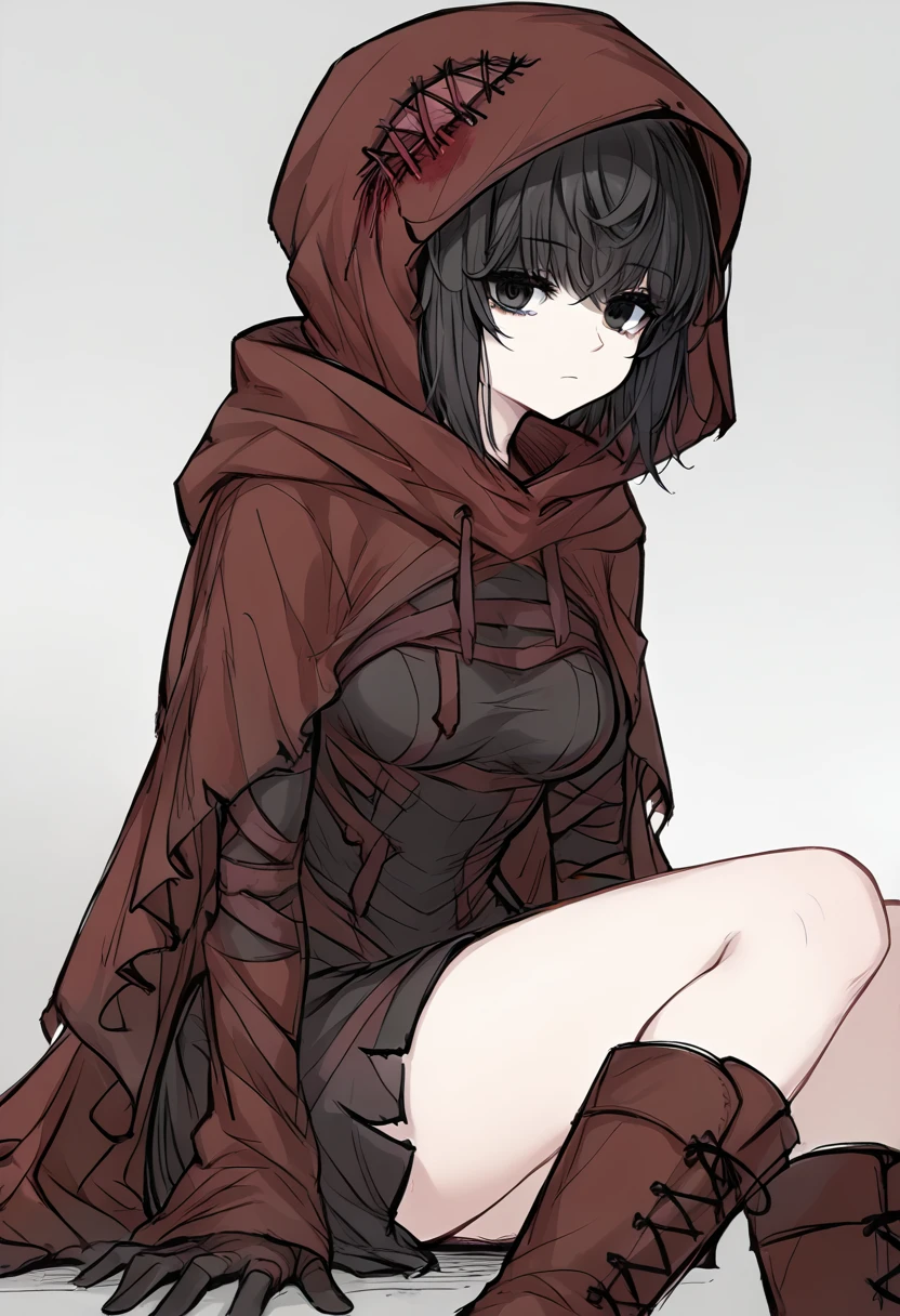 score_9, score_8_up, score_7_up, source_anime, <lora:Miranda BS2 xl pony:1>, MirandaBS2, 1girl, solo, hood, red hood, black hair, short hair, looking at viewer, black eyes, boots, short hair, expressionless, short hair, cloak, black dress, gray background, gradient background, medium breasts