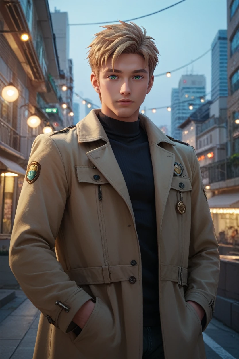 score_9, score_8_up, score_7_up,
<lora:CBYoshino:0.8>
CBYoshino, 1boy, blonde hair, short hair, green eyes, looking at viewer, On a high-rise rooftop, sharp black trench coat, city lights below, hands in pockets