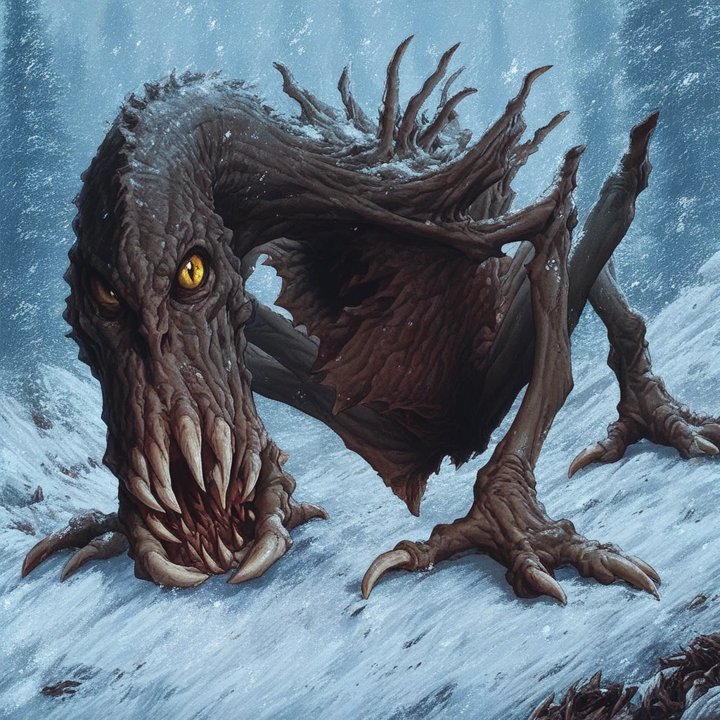 score_9, score_8_up, source_photo, lhurgoyf, monster, teeth, sharp teeth, yellow eyes, claws, snow, snowstorm, forest, outdoors, skulls on floor, hole, cave