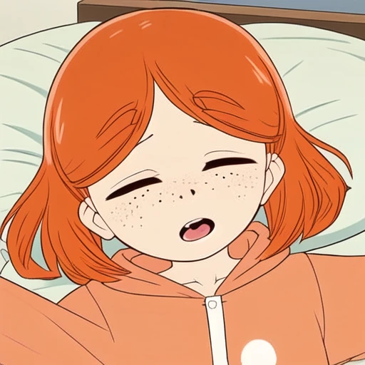 dog kigurumi, lying on bed, sleeping, hood, orange hair, closed eyes, face freckles, open mouth, indoors, lying on side, on bed, bedroom