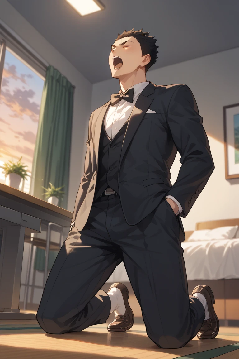 score_9, score_8_up, score_7_up, source_anime, rating_questionable, afternoon, sunset, natural lighting, male focus, full body, kneeling, looking away, shouting, KindaichiHU, black_KindaichiHU_spiked hair, closed eyes, formal, tuxedo, socks, 1boy, blurry indoors, from below, dutch angle, intricately detailed illustration, atmospheric perspective, depth of field