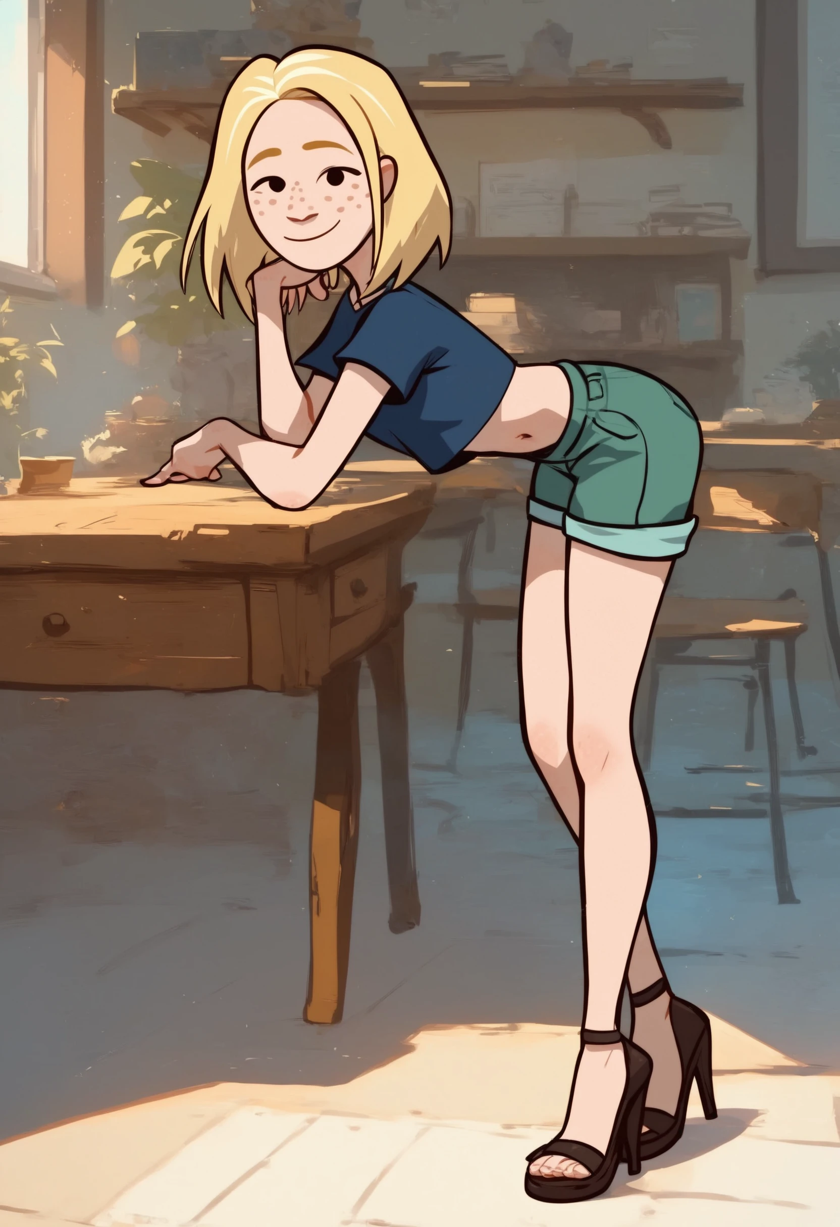 score_9, score_8_up, score_7_up, score_6_up, score_5_up,  1girl, solo, full body,
<lora:Nora (Storybooth):0.9> Nora_Storybooth, blonde hair, medium hair, freckles, smile,
blue crop top, (green shorts, cutoff shorts),
standing, bent over, high heels, navel, midriff, looking at viewer,
indoors, detailed background,
<lora:Expressive_H:0.7> Expressiveh,
<lora:add-detail-xl:0.9>
<lora:light:1> neolight