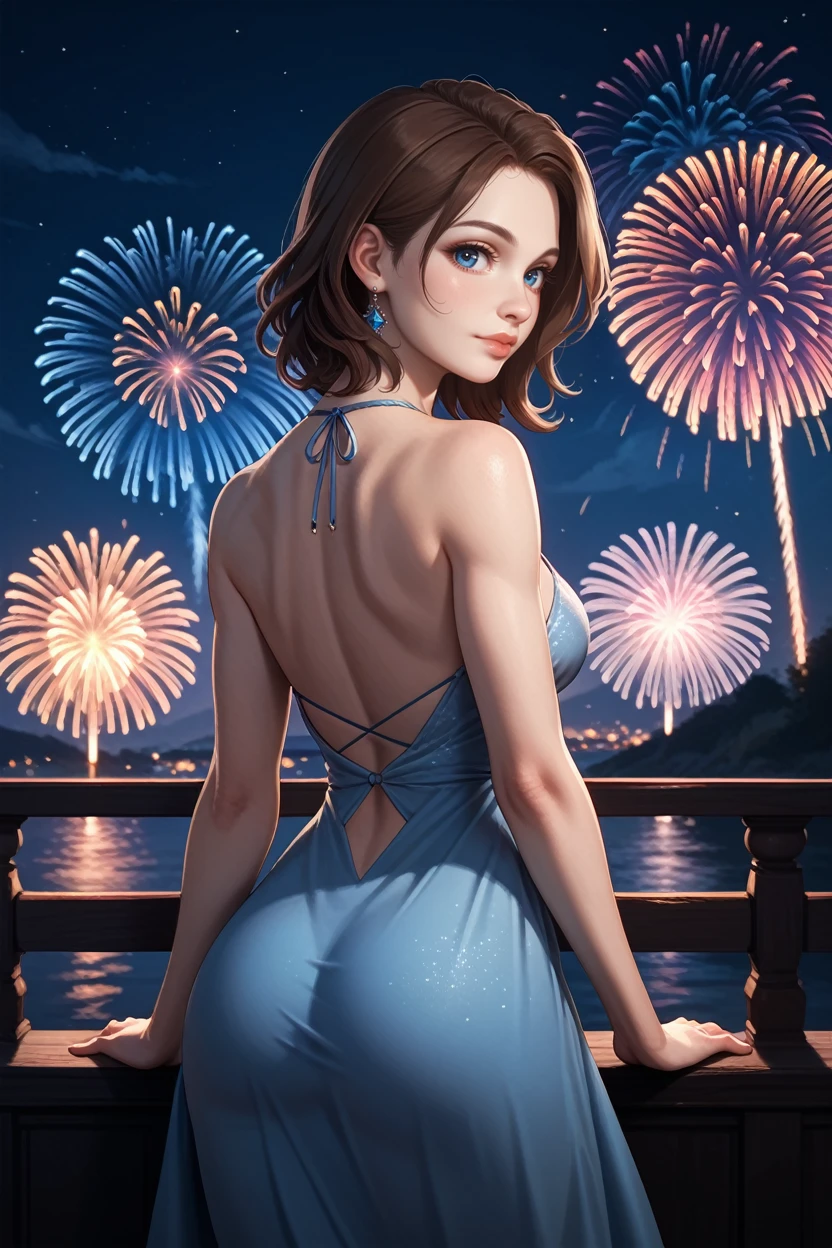 score_9, score_8_up, score_7_up, score_6_up
<lora:DD2Ulrika:0.8>
DD2Ulrika, 1girl, brown hair, blue eyes, looking at viewer, from behind, cowboy shot, dress, looking back, fireworks, at night