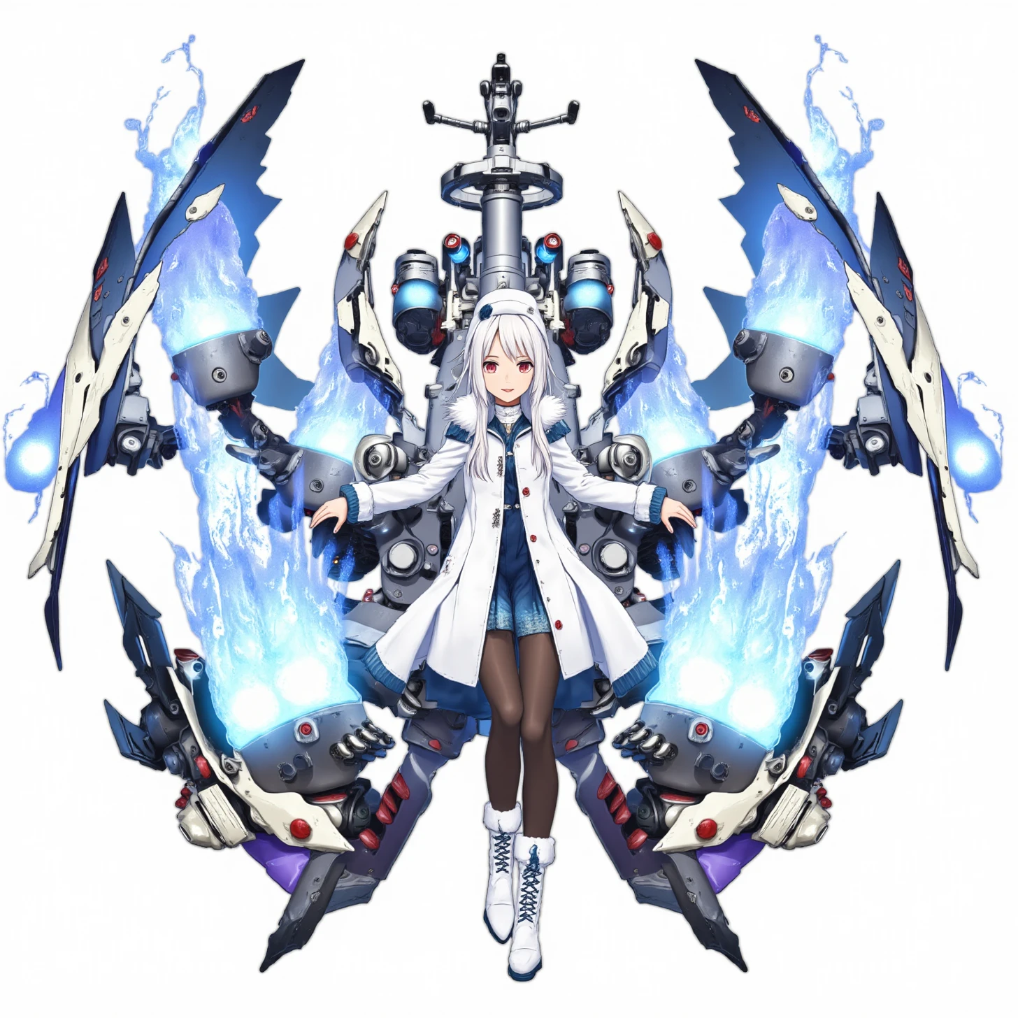 Azure Lane, Stremitelny, 1girl, white hair, red eyes, fur trim, white coat, open mouth, fur-trimmed coat, white footwear, white background, rigging, smile, white headwear, boots, simple background, machinery, bangs, looking at viewer, surrounded by blue glowing mechanized turret heads, hair between eyes, long sleeves, fur-trimmed sleeves, black pantyhose, winter clothes with blue trim, pom pom (clothes), full body, military hat, :d, ahoge, fur-trimmed dress