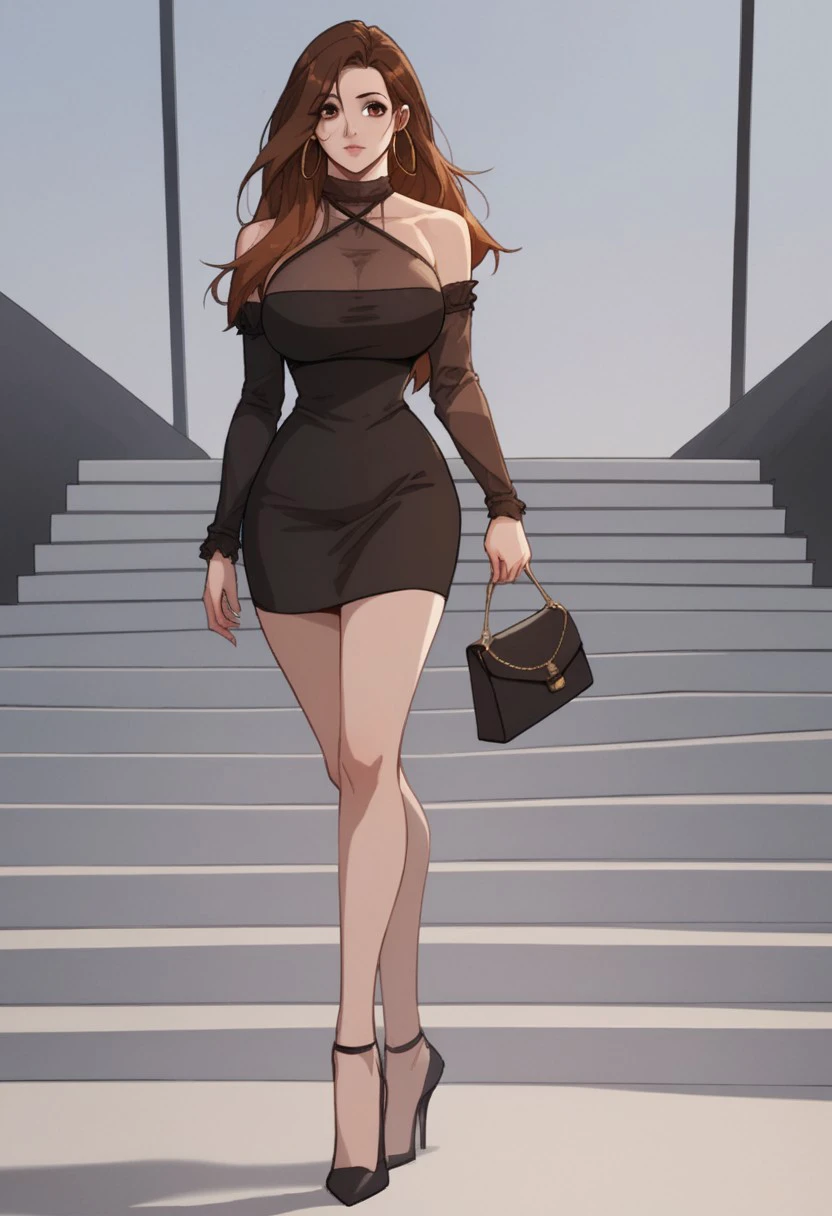 score_9, score_8_up, score_7_up, BREAK, MuQianqian, brown hair, long hair, brown eyes, large breasts, hoop earrings, halterneck, halter dress, bare shoulders, black dress, tight dress, short dress, detached sleeves, handbag, black footwear, high heels, 1girl, solo,