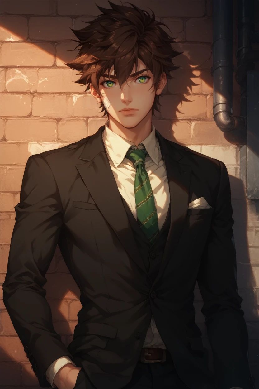 score_9, score_8_up, score_7_up,
<lora:CBKeitaro:0.8>
CBKeitaro, 1boy, brown hair, short hair, green eyes, bandage, looking at viewer, In a dimly lit urban alley, tailored black suit, ambient neon lights casting shadows, leaning confidently against a brick wall, cowboy shot