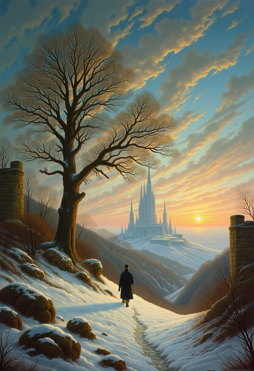 This image is a painting in the style of Caspar David Friedrich created between 1811 and 1822. The detailed 19th-century oil painting depicts a lone figure wandering towards a futuristic science facility. The oak tree in the foreground is powdered with snow. In the distance, one can see a pastel color sunset with intricate cloud structures. The foreground is taken up by icy rocks and decaying antique stone buildings.