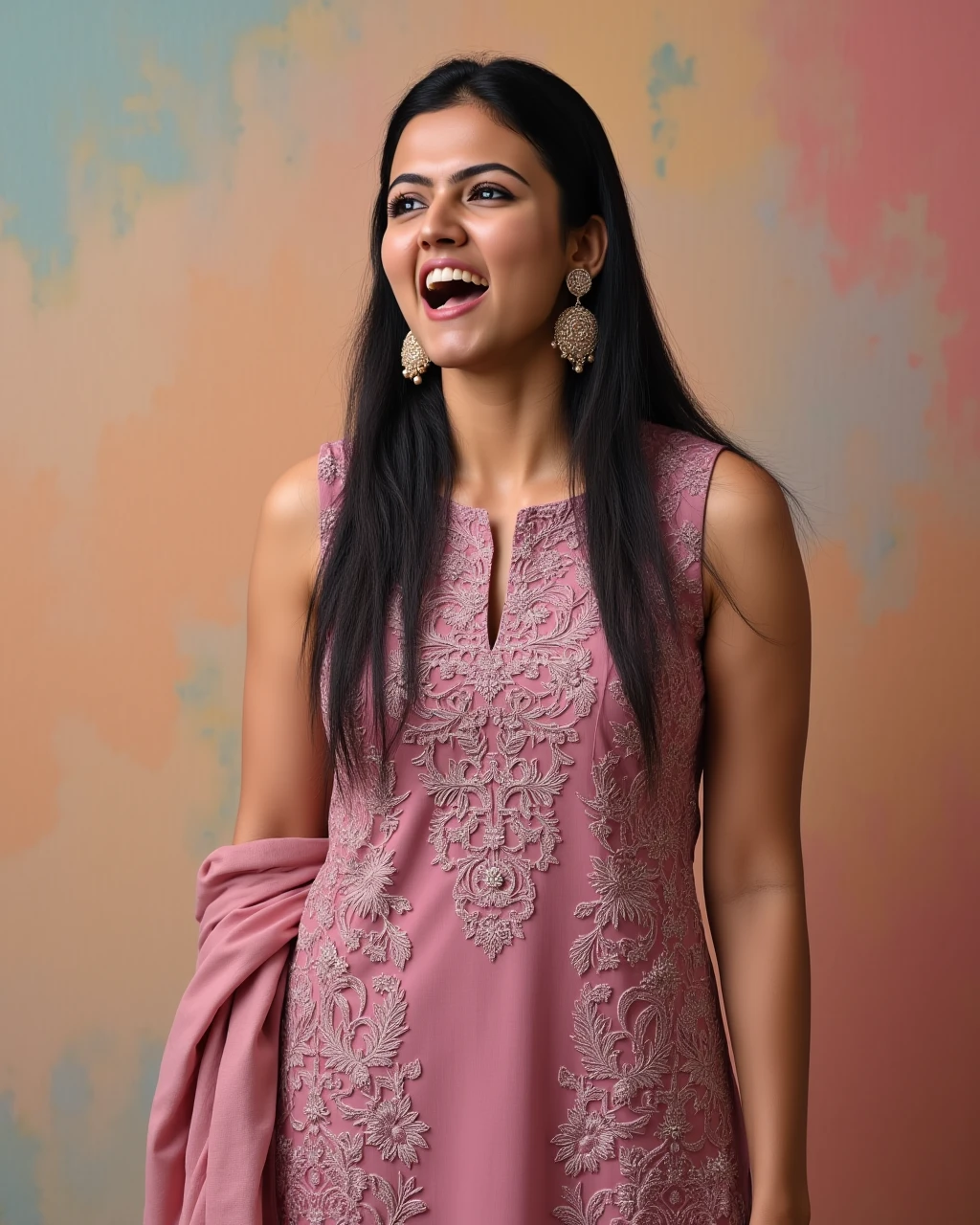 full body photo of Aparna Das woman,candid photo with natural colors, shouting expression on face,studio quality, wearing intricate conservative sleeveless Mauve Churidar Suit, straight hair, pastel shaded multicolored background, cinematic soft lighting<lora:TestBed\Aparna_Das_2024_Flux_Kohya_V1.safetensors:1.0:1.0>