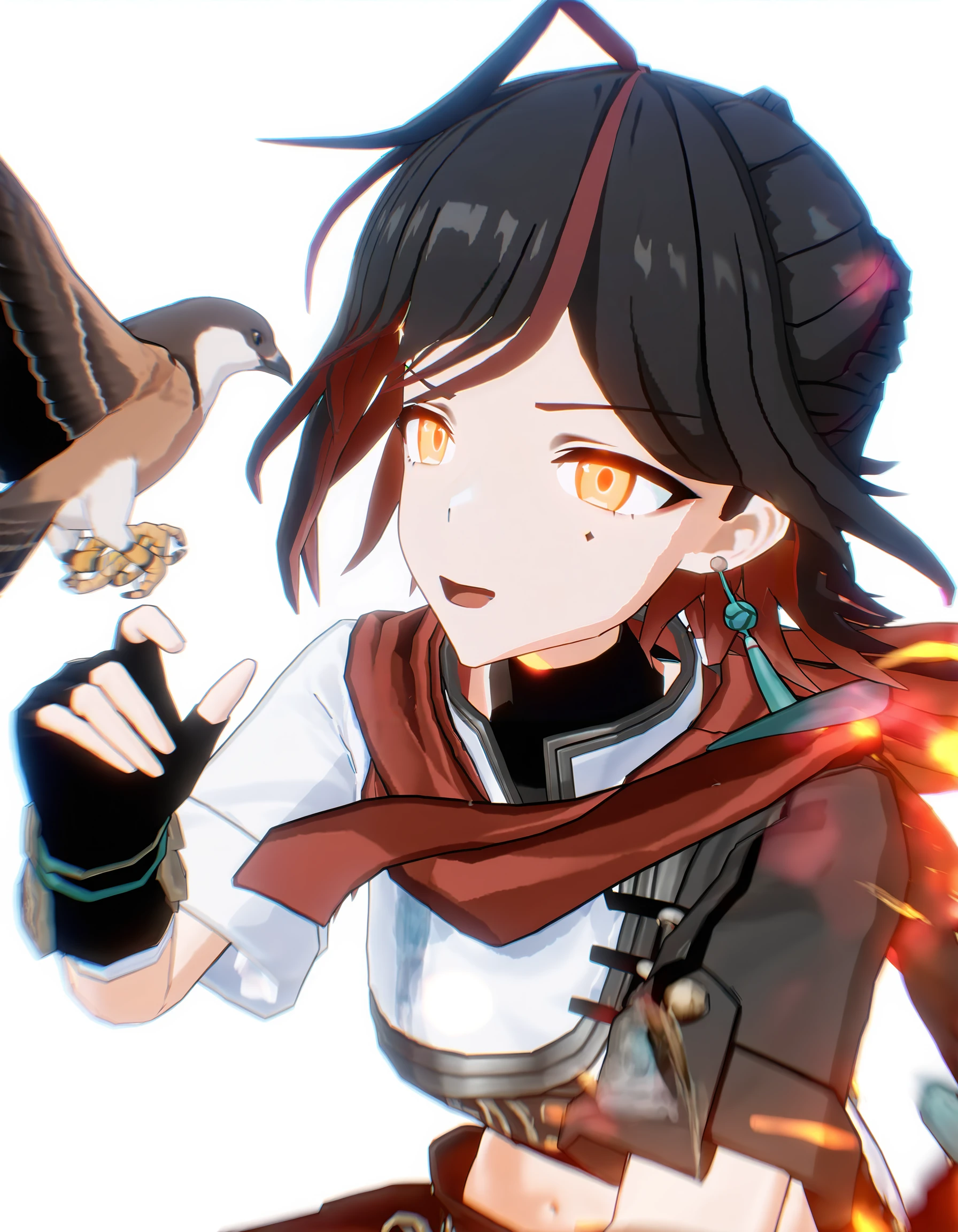 guimo,guimo2,3dguimo,1girl,solo,bird,multicolored hair,black hair,gloves,jewelry,red hair,streaked hair,male focus,mole under eye,earrings,white background,fingerless gloves,virtual youtuber,red scarf,scarf,yellow eyes,open mouth,<lora:guimo_noob>,masterpiece,best quality,very aesthetic,absurdres,