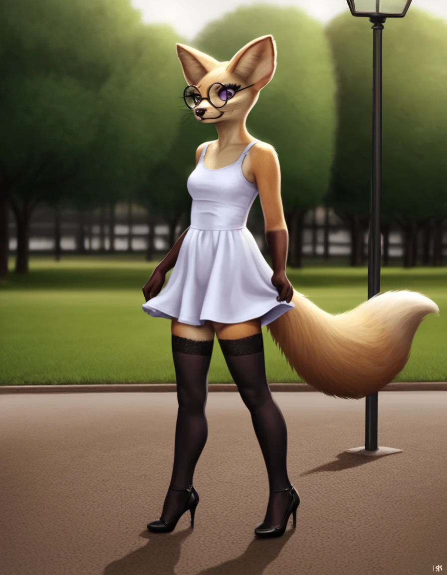 outdoors,detailed background,park,
Kelly,1girl,solo,furry female,animal ears,glasses,black-framed eyewear,round eyewear,animal nose,purple eyes,body fur,tail,realistic,fox ears,snout,fox tail
full body,smile,long eyelashes,standing,
sundress, high heels, thighhighs, 
<lora:Kelly_v01_PDXL:1>,