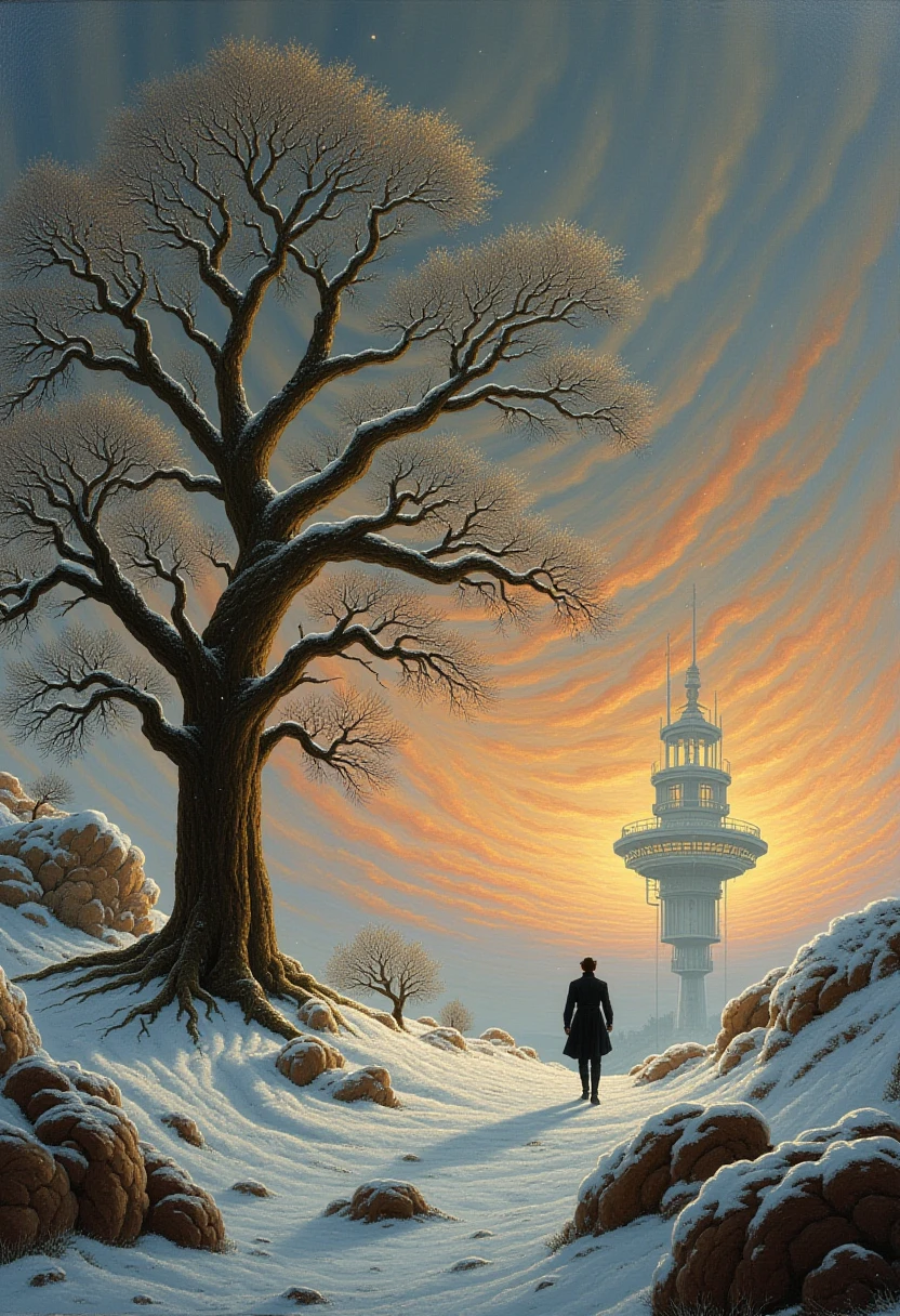 This image is a painting in the style of Caspar David Friedrich created between 1811 and 1822. The detailed 19th-century oil painting depicts a lone figure wandering towards a futuristic science facility. The oak tree in the foreground is powdered with snow. In the distance, one can see a pastel color sunset with intricate cloud structures. The foreground is taken up by icy rocks rocks.