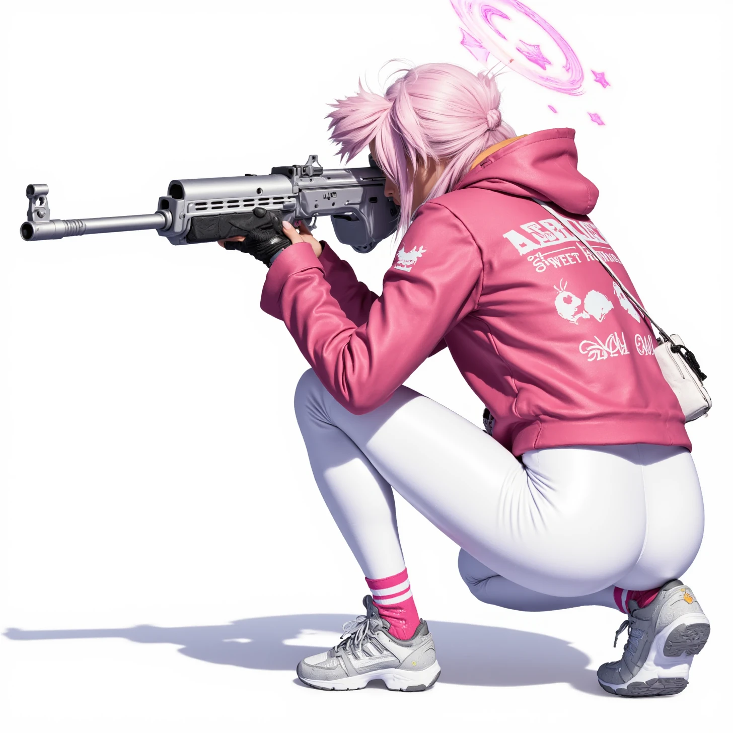 NIKKE, Alice (Sweet Home) aim idle combat, 1girl, from behind, squatting, twintails, ass, shoes, white background, jacket, halo, simple background, socks, bag, hood, white footwear, full body, helmet, pink hair, striped, long sleeves, sneakers, pink bodysuit, white bodysuit, tight pants, white pants, skin tight