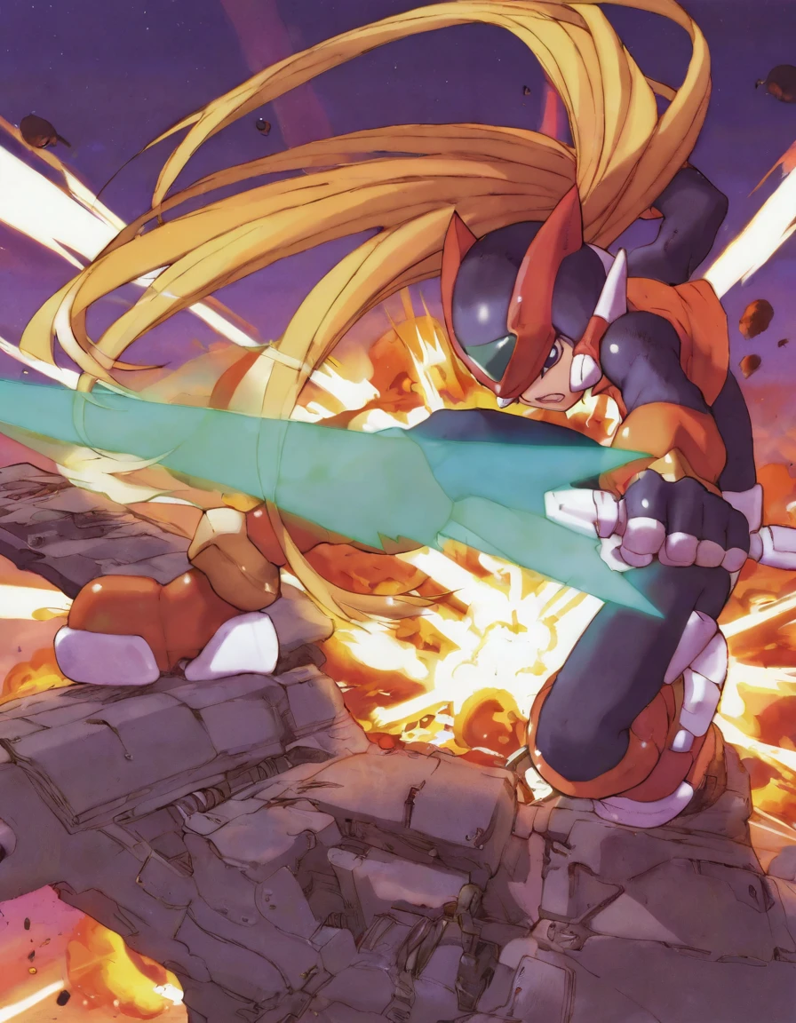 the overall style of the illustration is anime-inspired.,
masterpiece,best quality,very aesthetic,highres,absurdres,sensitive,amazing quality,beast quality,
<lora:megaman zero illuXL v4.1:0.75>,official art,factory,explosion,
zero rz,1boy,solo,male focus,green energy sword,holding green energy sword,floating hair,dash,from side,black bodysuit,green forehead jewel,mecha,orange vest,orange armored boots,orange armored gloves,orange headgear,fighting stance,official art,