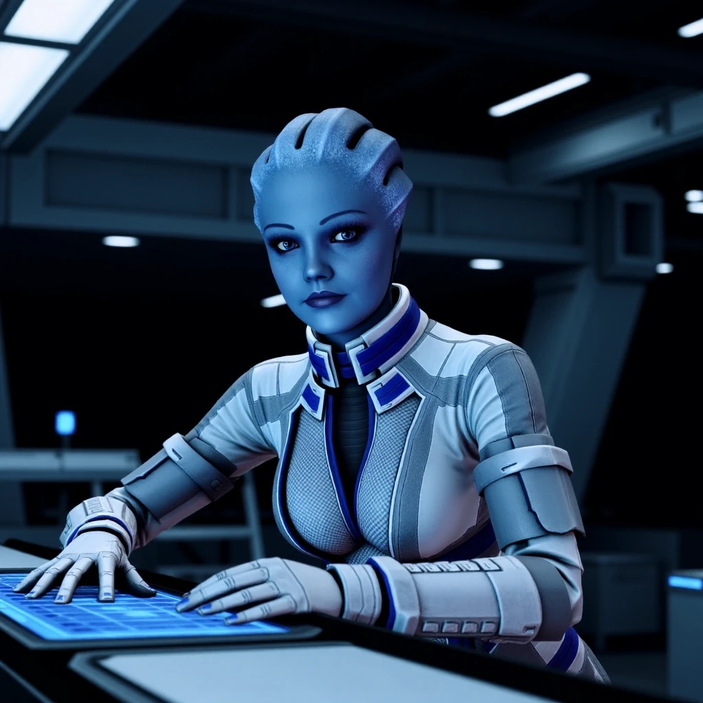 The photo is a ((full body)) cinematic scene from a science fiction life action series setting, from Mass Effect movie, featuring a character from the Mass Effect series. The character is Liara T'Soni a female Zha'dum, a blue-skinned humanoid alien with a slender, athletic build. She has a sleek, elongated head and piercing blue eyes. She is dressed in a form-fitting, high-tech suit with a predominantly white and blue color scheme, adorned with intricate, glowing blue accents. The suit appears to be a blend of armor and clothing, designed for both protection and functionality. The character is working on a futuristic console, which is part of a high-tech, dimly lit environment with a metallic and sleek aesthetic.