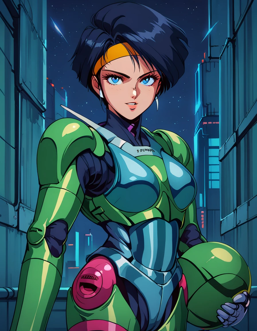 score_9, score_8_up, score_7_up, anime_source, BREAK, 
masterpiece, best quality, 1girl, solo,  <lora:Bubblegum_Crisis-_All_Sabers_pony:1> bubblegum-crisis, LinnaSaber,  green power armor, armor ,mecha, yellow headband, blue eyes, black hair, short hair, holding helmet, cowboy shot, dynamic pose, looking at viewer, evil smirk, parted lips, city, futuristic, night, neon lights, noir, dystopian city,  <lora:g4n1m3XLP:0.8> g4n1m3