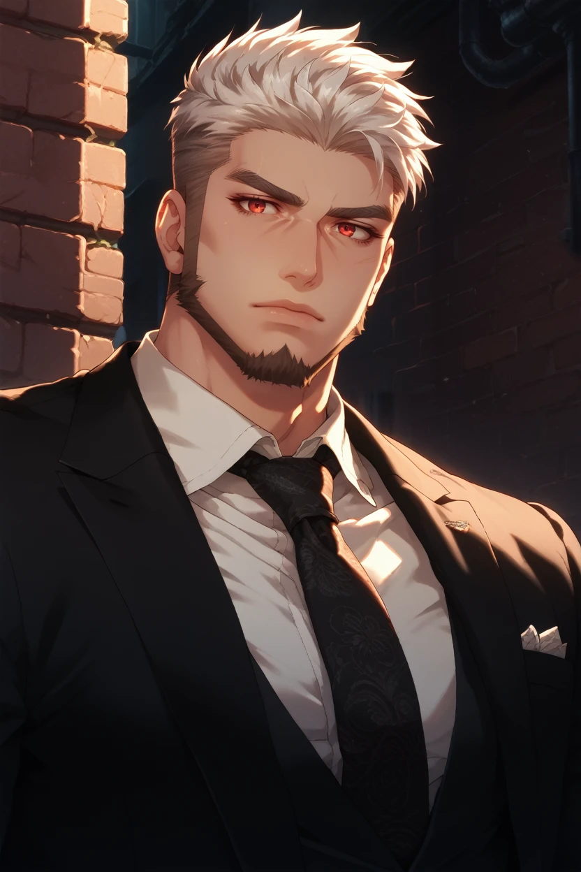 score_9, score_8_up, score_7_up,
<lora:CBGoro:0.8>
CBGoro, 1boy, white hair, short hair, beard, red eyes, muscular, looking at viewer, In a dimly lit urban alley, tailored black suit, ambient neon lights casting shadows, leaning confidently against a brick wall