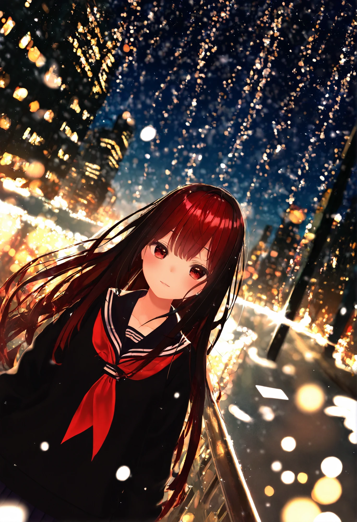 1girl, arms at sides, serafuku, winter theme, snow, outdoors, sparkle, glint, dynamic angle, contrast, high angle, red hair, black hair, flowing hair, light particles, film grain, cinematic, bokeh, blurry, blurry foreground, love letter, love, cute, young girl,
BREAK
<lora:vrchat:1>, masterpiece, absurdres, aesthetic, best quality