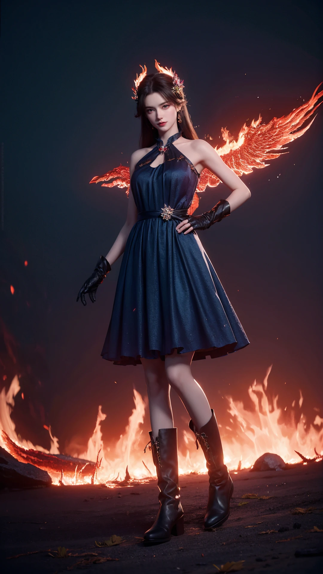 1girl,solo,long hair,black hair,brown eyes,eyelashes,(eyeshadow),makeup,red lips,((hair ornament)),jewelry,blue dress,gloves,boots,looking at viewer,outdoors,flower field,sakura,magic,(((fire))),(glowing phoenix),((glowing)),full body,depth of field,Highly detailed,(ultra-detailed),(best quality:1.5,masterpiece:1.5),<lora:caoying:0.55>,