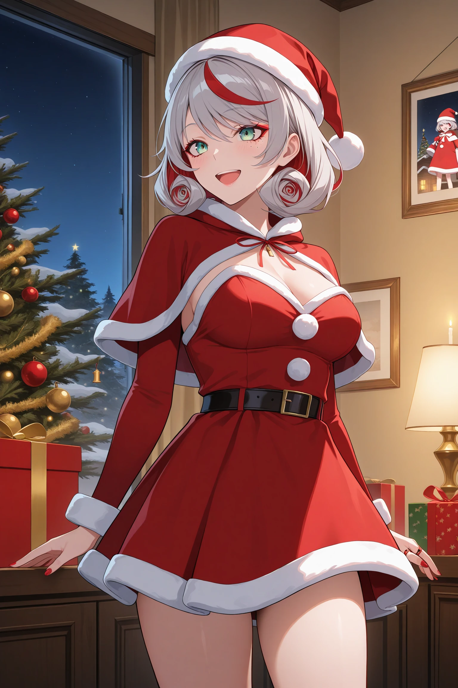 masterpiece, best quality, amazing quality, highres, absurdres, very aesthetic, high resolution, ultra detailed, perfect details, 1girl, indoors, shack, snowy, medium breasts, destiny (takt op.), anna schneider, multicolored hair, short hair, grey hair, red hair, santa hat, green eyes, makeup, red eyeshadow, mark under eye, red nails, red rings, (santa costume:1.5), <lora:Destiny_2nd_ILXL:0.8>, (aged up:1.4), (cowboy shot:1.2), smile, open mouth, gift box, christmas tree, candle, gingerbread men, (night:1.5)