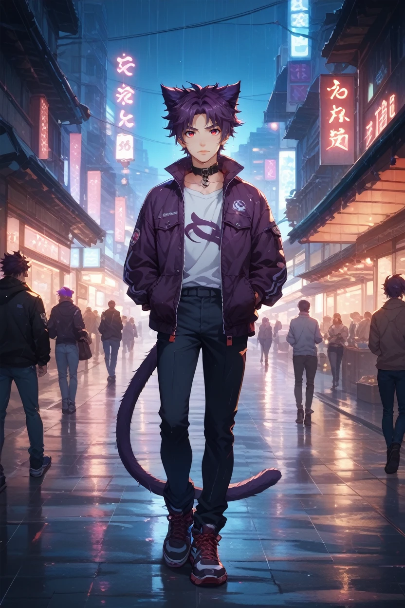 score_9, score_8_up, score_7_up,
<lora:CBYoichi:1.0>
CBYoichi, 1boy, purple hair, short hair, red eyes, cat ears, collar, looking at viewer, standing in the rain on a neon-lit city street at night, full body