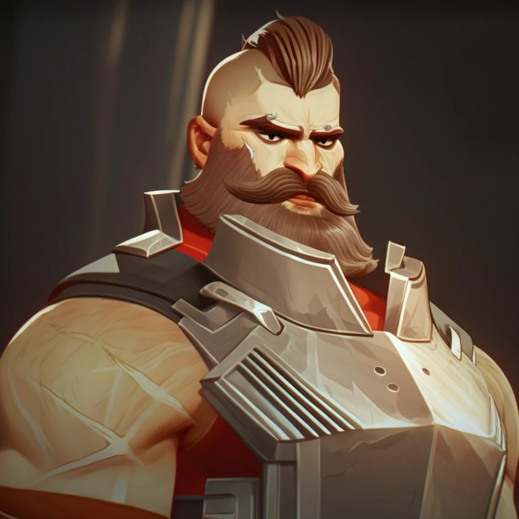 male focus, solo focus, solo, score_9, score_8_up, score_7_up, <lora:JohnNoxianArcaneS2:1> JohnNoxianArcaneS2, beard, mustache, facial hair, scar, armor, brown hair, muscular, scar on face