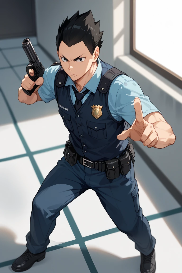 score_9, score_8_up, score_7_up, source_anime, rating_questionable, day, natural lighting, male focus, full body, looking away, serious, KindaichiHU, black_KindaichiHU_spiked hair, black_KindaichiHU_eyes, closed mouth, holding gun, fighting stance, aiming, vest, police uniform, pants, shoes, 1boy, blurry indoors, from above, dutch angle, intricately detailed illustration, atmospheric perspective, depth of field