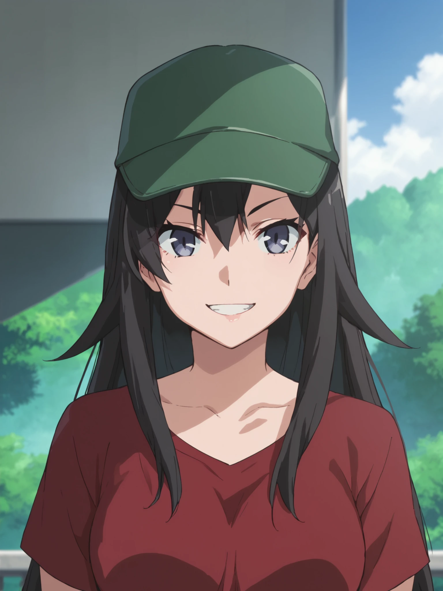 <lora:Hiratsuka_Shizuka:1>,safe_pos, score_9, score_8_up, score_7_up,score_6_up,shizuka,long hair,black hair,blue eyes,looking at viewer,outdoors,red shirt,green hat,smile,grin,breasts