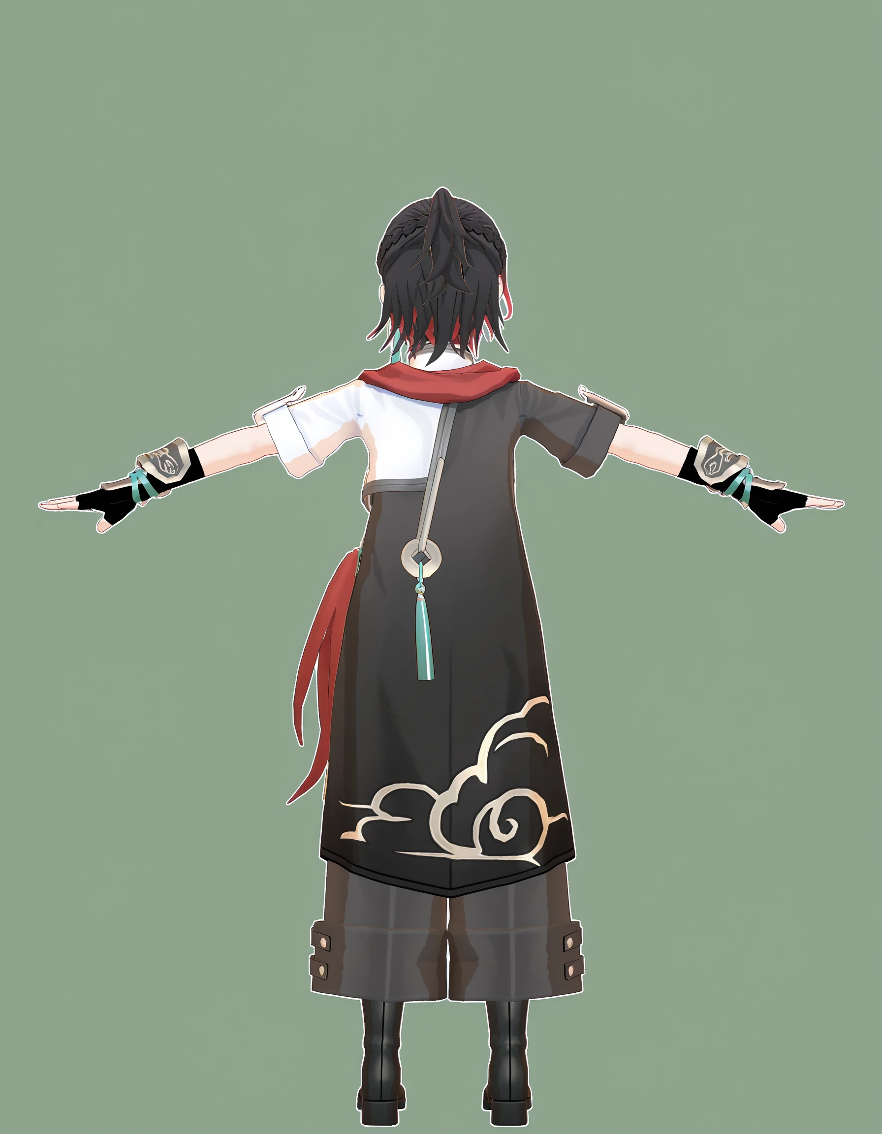 guimo, 3dguimo2, 1girl, solo, gloves, white background, male focus, black gloves, multicolored hair, fingerless gloves, outstretched arms, simple background, black hair, red scarf, boots, from behind, red hair, black footwear, facing away, short sleeves, standing, full body, streaked hair, white shirt, colored tips,<lora:guimo_noob>,masterpiece,best quality,very aesthetic,absurdres,